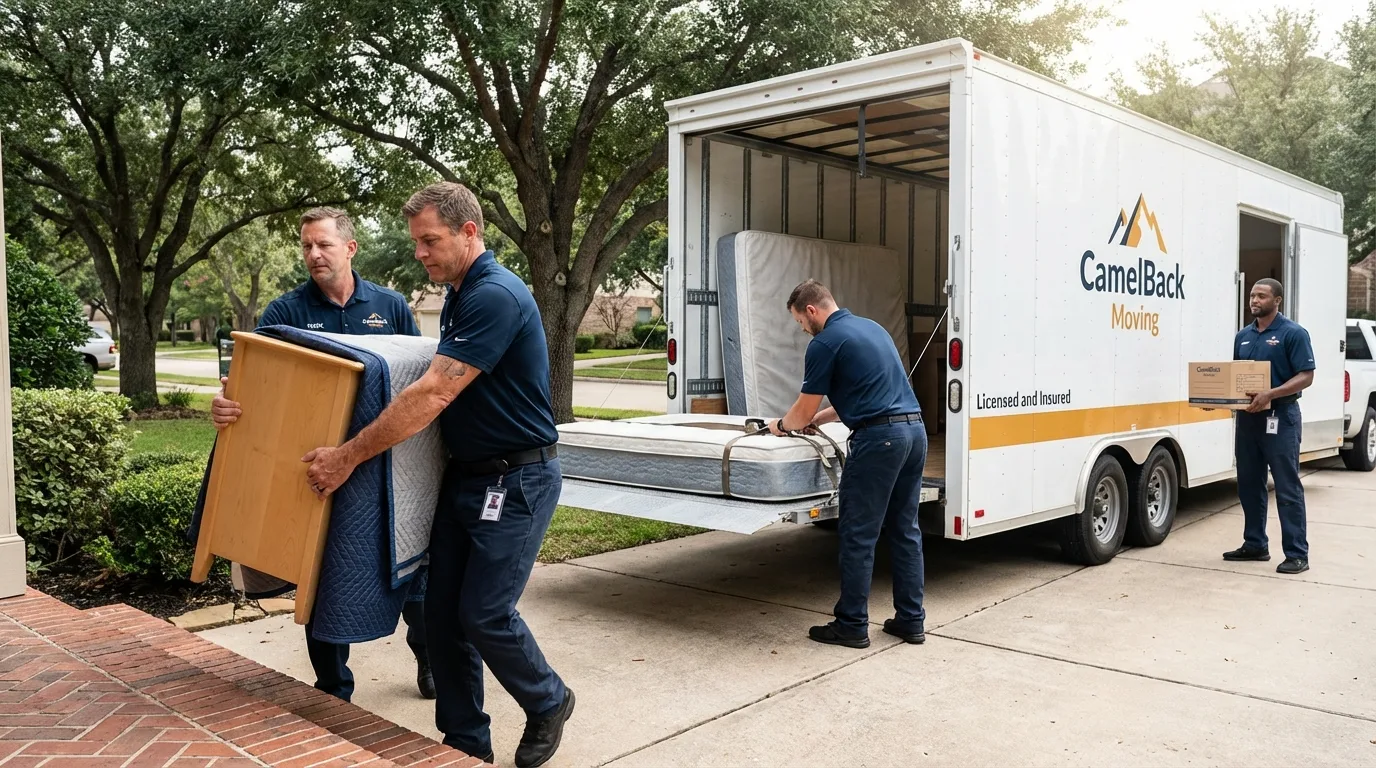 Crew loading residential truck for cross-state move from Clarksville, IA