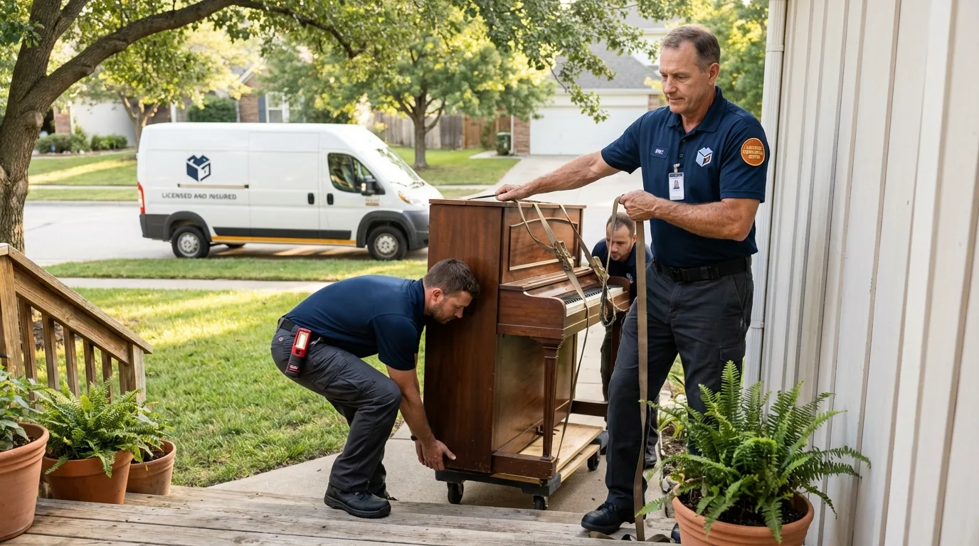 Licensed piano movers securing grand piano in Clarksville, IA