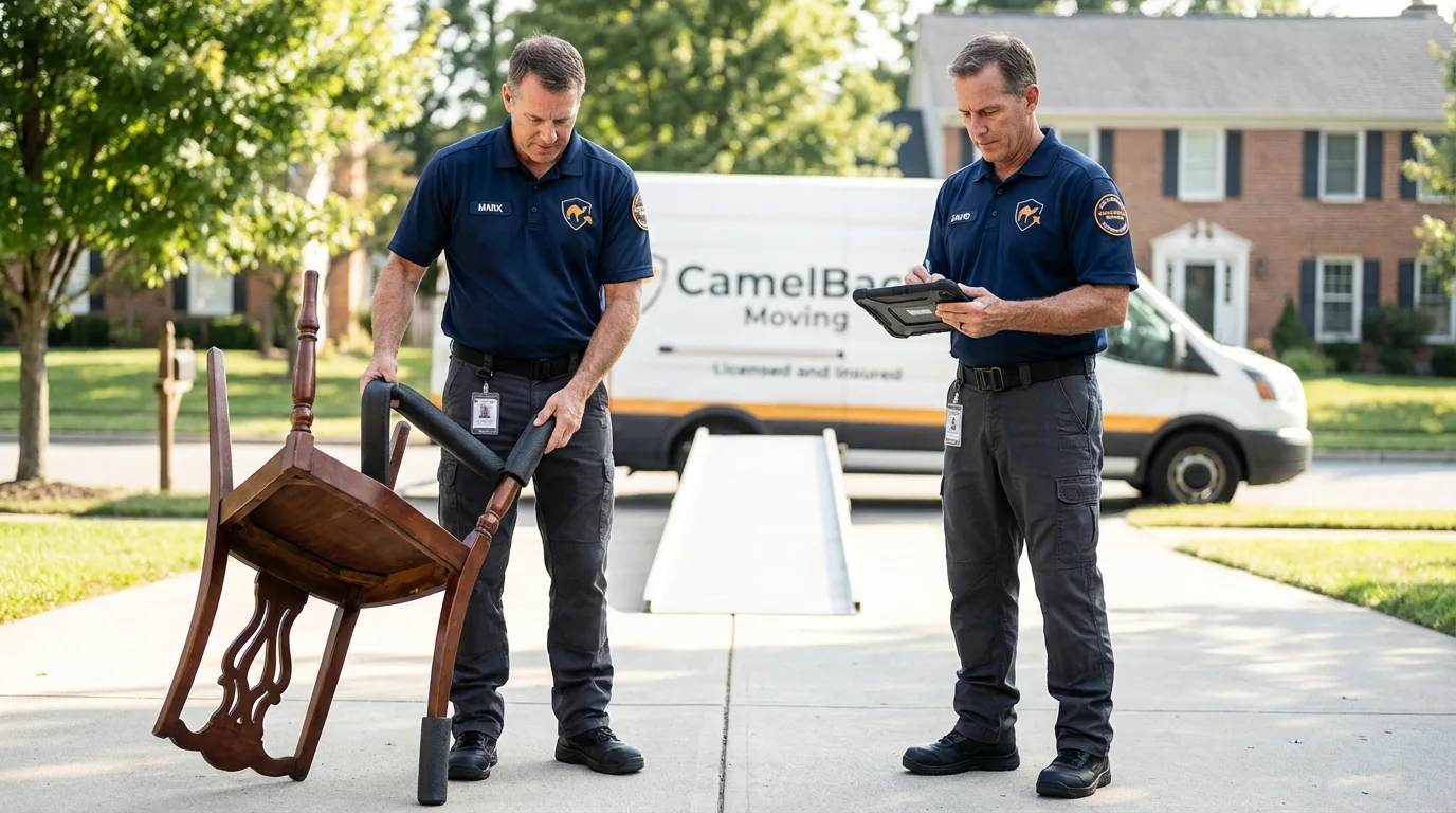 Movers inspecting furniture for damage prevention before loading in Clarksville, IA