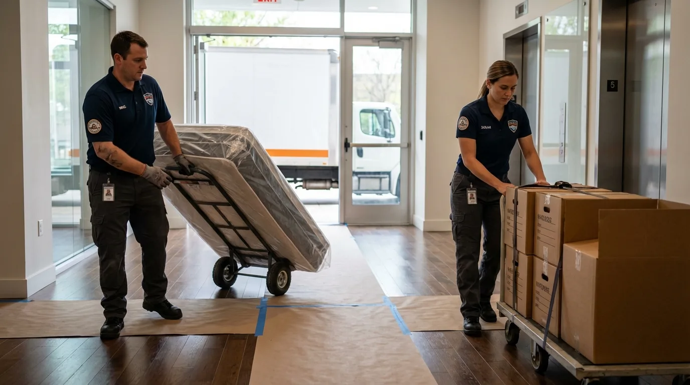 Professional apartment movers loading elevator in Clarksville, IA